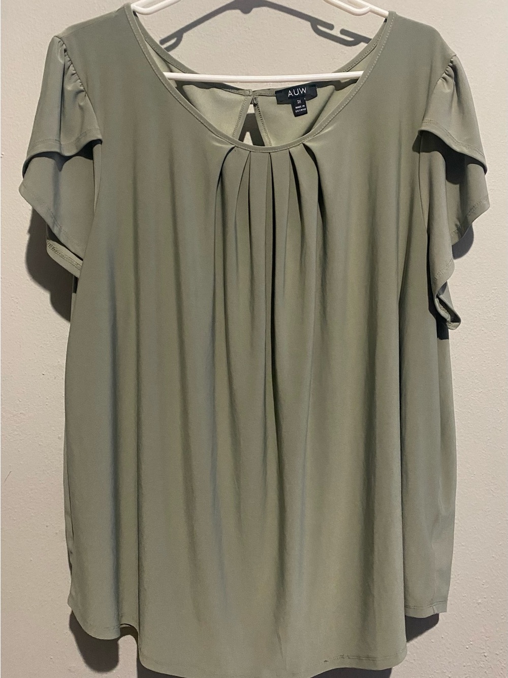 AUW Olive Green Pleated Short Sleeve Women's Top